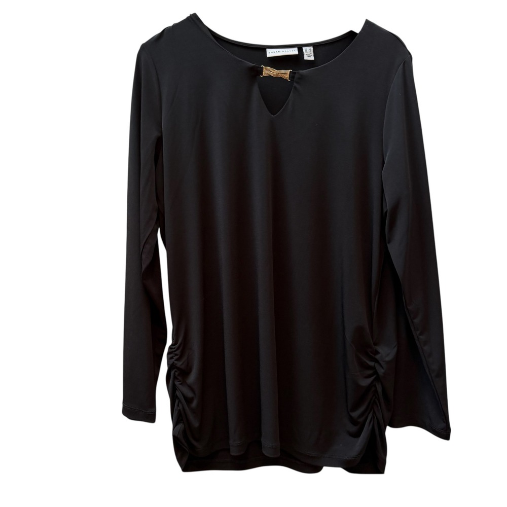 Susan Graver Women Black Long Sleeve Keyhole Tunic Gold Mesh Detail Sz L Chic
